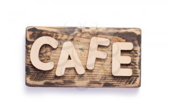 wooden coffee letters at signboard or nameplate isolated on white background