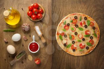 margarita pizza and food ingredients at wooden table, top view