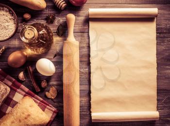 bread and bakery products on wood background