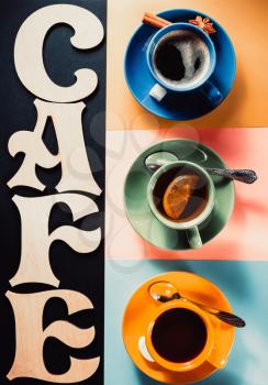 cup of coffee, tea and cacao at colorful background