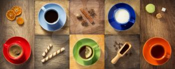 cup of coffee, tea and cacao at wooden background