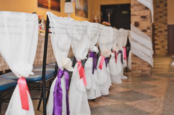 The festive hall decorated with a fabric.