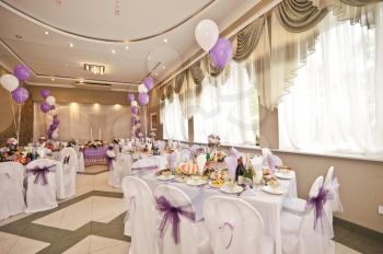 Wedding hall with spheres. It are white - violet registration of a hall.

