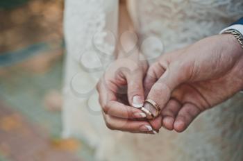 Newly-married couple holds rings on fingers.