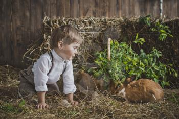 The boy plays with the animals in the manger.