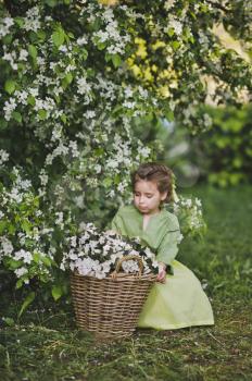 The child is sitting near a big basket of flowers.