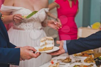 The couple shared a wedding cake for serving guests.