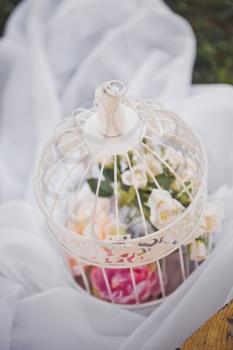 Beautiful bird cage as an element of decoration of the hall.