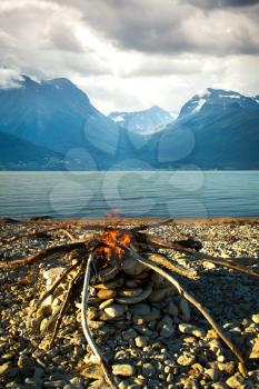 Inviting campfire on the beach during the summer