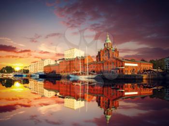 Embankment In Helsinki At Summer Evening, Finland. Uspenski Cathedral. 