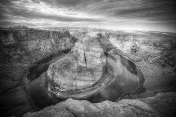 Famous Horseshoe Bend of the Colorado River in northern Arizona. black and white photography