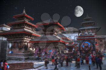 Patan .Ancient city in Kathmandu Valley. Nepal. night the starry sky and the moon is shining