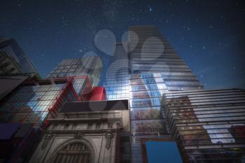 New York City Manhattan Skyline, U.S.A. At night the stars shine.