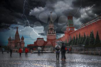 Heavy thunderstorm with lightning. Kremlin . Moscow
