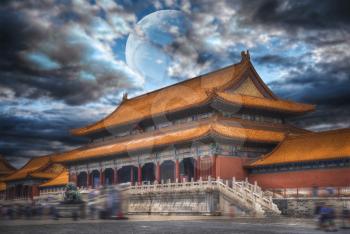 Forbidden City is the largest palace complex in the world. Located in the heart of Beijing. In the evening by the light of the moon