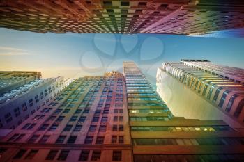 multicolored rainbow houses. New York City Manhattan Skyline, U.S.A. colorful sunset