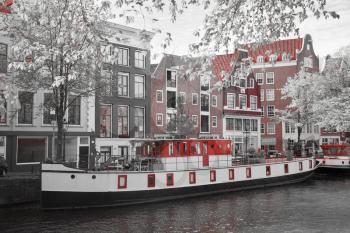 Amsterdam autumn. beautiful places in Europe. black and red and white photo