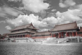 The Forbidden City. Beijing, China. black and red and white photo