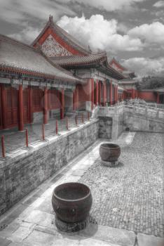 The Forbidden City , Beijing, China. black and red and white photo