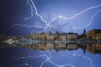 Stockholm is the capital and largest city in Sweden. Powerful lightning strike.