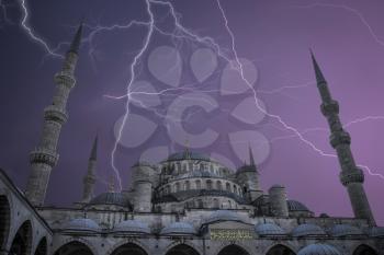 Blue Mosque or Sultanahmet is located in Istanbul. A strong thunderstorm and a lot of lightning.