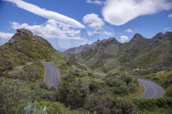 Mountain landscape on tropical island Tenerife, Canary in Spain. Beautiful scene on main road on El Teide volcano.