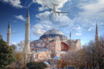 the plane is flying over Hagia Sophia (Ayasofya) Istanbul, Turkey