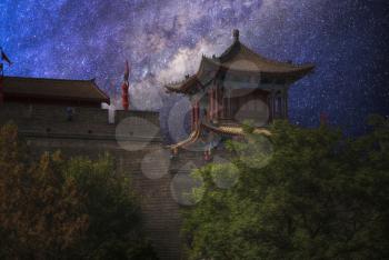 Starry night sky. Xian city wall. The largest monument of Chinese architecture