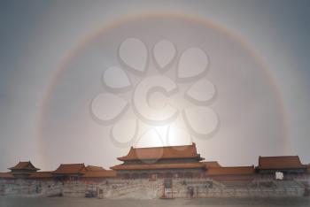 The halo shines over the Forbidden City of Beijing, China.
