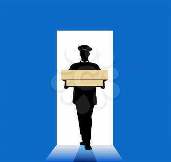 Delivery man with box in hands on blue background