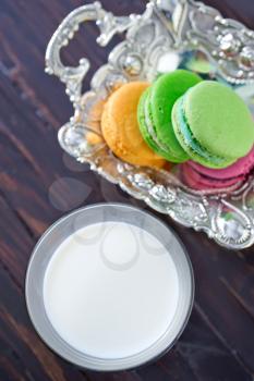 milk in glass and color macaroons
