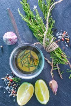aroma spice, rosemary and olive oil in metal bowl