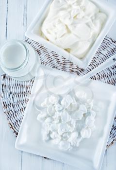 milk products in bowl and on a table