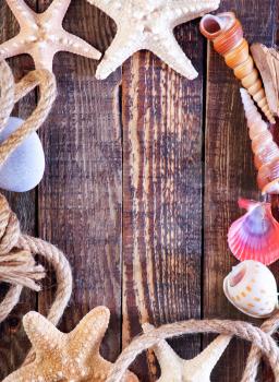 color sea shells and starfish, summer background