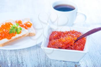 salmon caviar and bread on a table