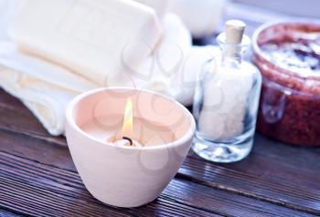 spa objects, soap and aroma salt on a table