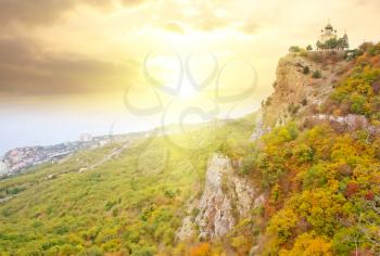 The chourch in Crimea mountain, sunset in the mountain
