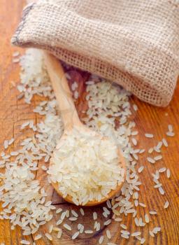 raw rice in the wooden spoon
