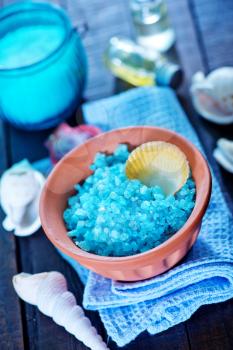 sea salt and soap on the wooden table