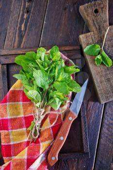 fresh mint in wooden board and on a table