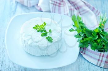 cheese with fresh parsley on the white plate