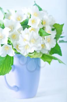 a bouquet of jasmine in a cup on a white table