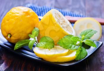 fresh lemon with mint  on the plate