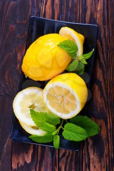 fresh lemon with mint  on the plate