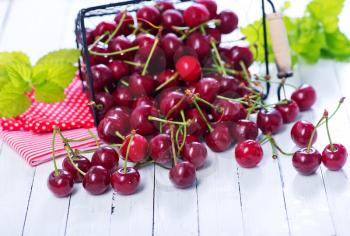 fresh cherry in metal basket and on a table