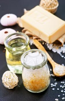 spa objects on a table,sea salt and soap