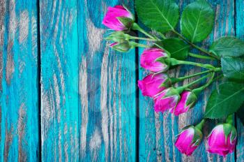 flowers on wooden background, red roses on a table