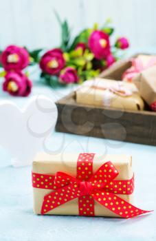 boxes for present on a table, holiday background