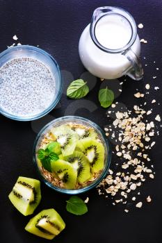 milk with chia seeds and kiwi in the bowl