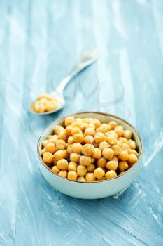 boiled chickpeas in bowl and on a table
